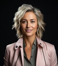 woman with blonde hair pink jacket black background generative ai 97167 35506 e1730219172267